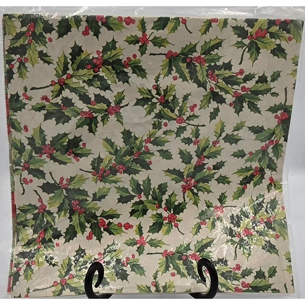 Vintage‎ Treasure Chest Christmas Wrap Poinsettia Candle Holly Berries 12 Sheets